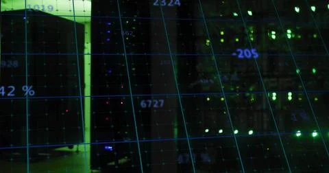 Server racks streaming metrics on digital grid overlay in data center, with Stock Illustration