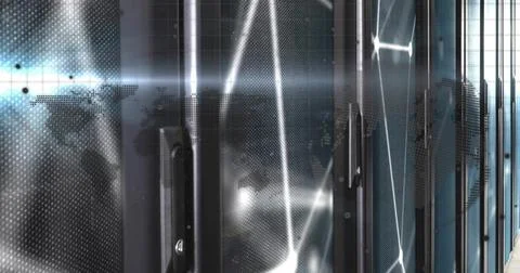 Server racks stretching through lit data center corridor, with world map Stock Photos