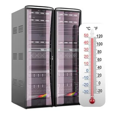 Server racks with thermometer, data center cooling and overheating control .. Stock Illustration