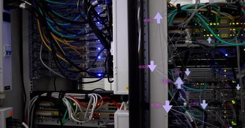 Server racks with various cables and blinking lights represent cloud computing Stock Photos
