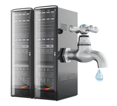 Server racks with water tap, data center cooling and water usage concept. 3.. Stock Illustration