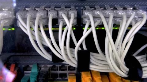 Server racks with white internet patch cords connected Stock Footage 304890889