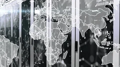Server racks, world map fading in from left, nodes drifting over racks, showing Vídeos de archivo 332685857