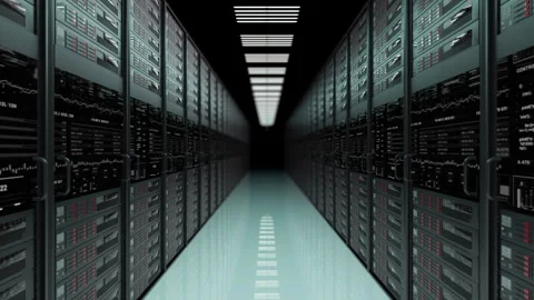 Server Racks.Network and data servers in Data Center with Sci Fi HUD elements Stock Footage 249999544