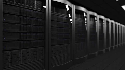 Server room 3D rendering, shallow focus. Cloud technologies, ISP, corporate IT Stock Illustration