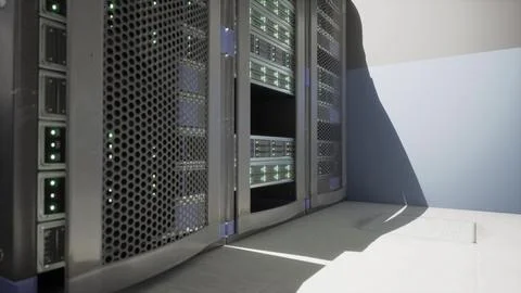 Server room with active rows of supercomputers Stock Illustration