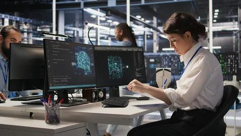 Server room admin holding clipboard, following procedures Foto stock