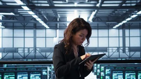Server room admin receiving threat detection alert on device Stock Photos