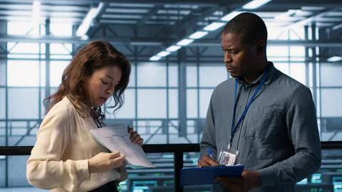 Server room admins looking over financial documents 写真素材
