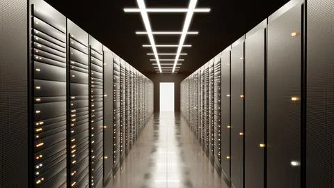Server room aisle with rows of racks and warm amber lights, 3D render Stock Illustration