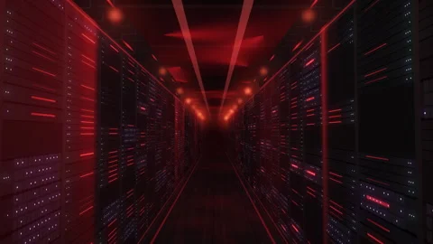 Server room aisle under red alarm lights with violet blinking server racks,.. Stockbeeldmateriaal 346963498