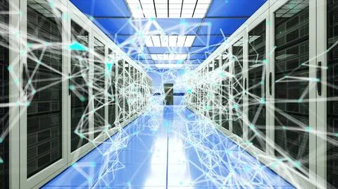 Server room and connection dots in datacenter, web network and internet te... Stock Photos