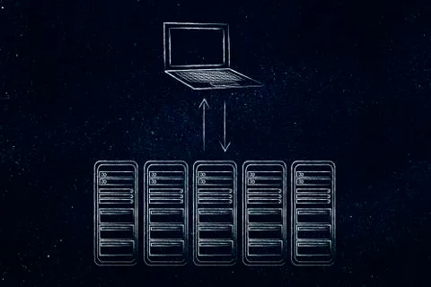 Server room and laptop with data transfer arrows Illustrazione stock
