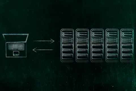 Server room and laptop with data transfer arrows Illustrazione stock