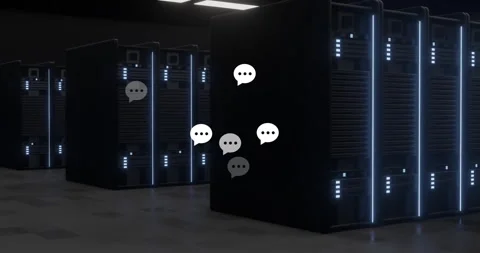 In server room, animation of chat bubble icons floating over computer racks Stock Footage 304841006