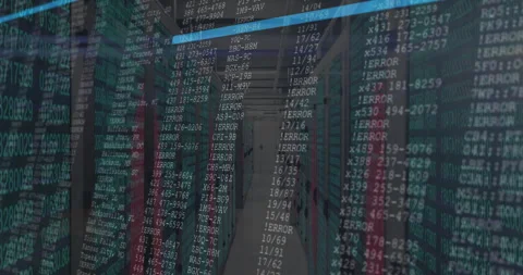 Server room with animation of digital data and error messages in blue lighting Stock Footage 303419409