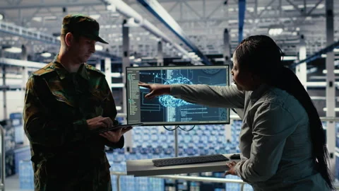 Server room army experts deploy AI tech to modernize defense infrastructure Stock Footage 314686514