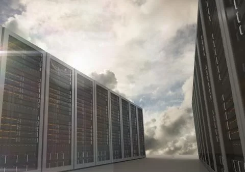 Server room arranged in rows against dusky clouds Stock Photos
