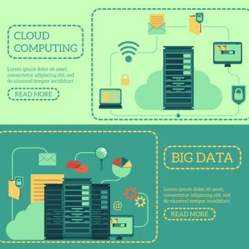 Server room banner set showing data center connected with computers and devices. Stock Illustration