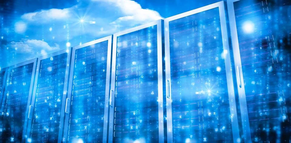 Server room in blue with clouds Stock Illustration