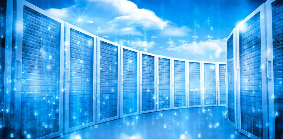 Server room in blue with clouds Stock Illustration
