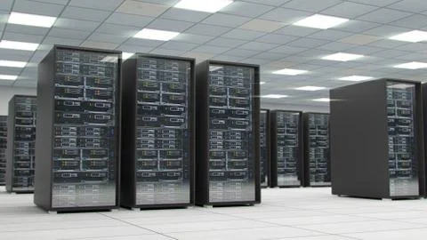 Server room center exchanging cyber datas and connections 3D rendering Stock Illustration