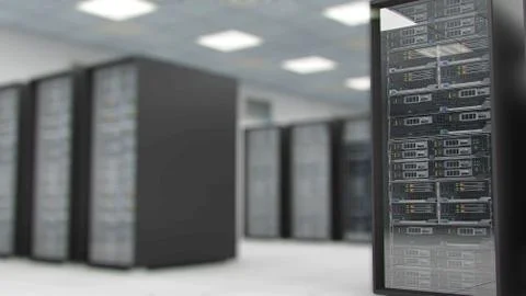 Server room center exchanging cyber datas and connections 3D rendering Stock Illustration