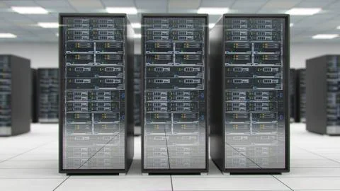 Server room center exchanging cyber datas and connections 3D rendering Stock Illustration