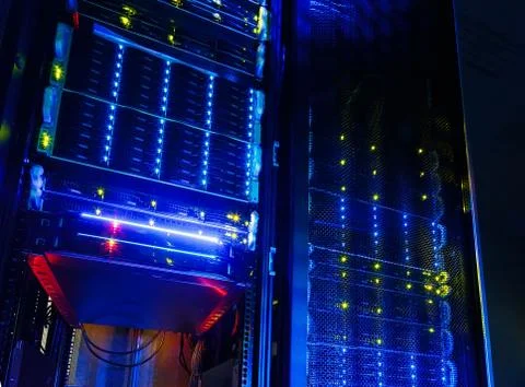 Server room colocation or colo with several cabinets, , switches and gateways Stock Photos