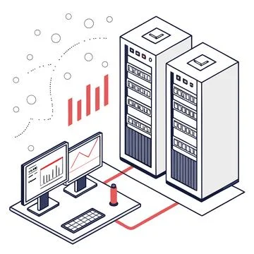 Server room with computers and charts icon Stock Illustration
