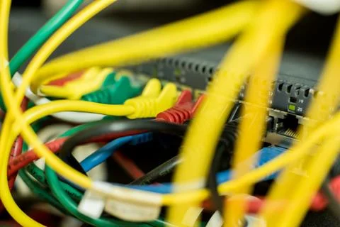 Server room with computers for internet. Network cables connected to switches. 스톡 사진