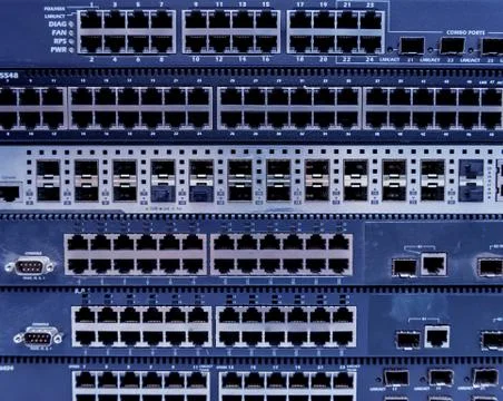 Server room with computers for internet. Network cables connected to switches. 스톡 사진