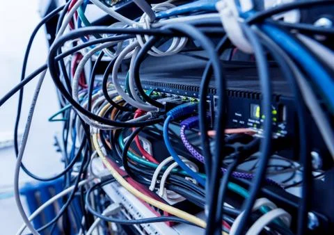 Server room with computers for internet. Network cables connected to switches. 스톡 사진