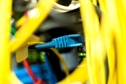 Server room with computers for internet. Network cables connected to switches. 스톡 사진