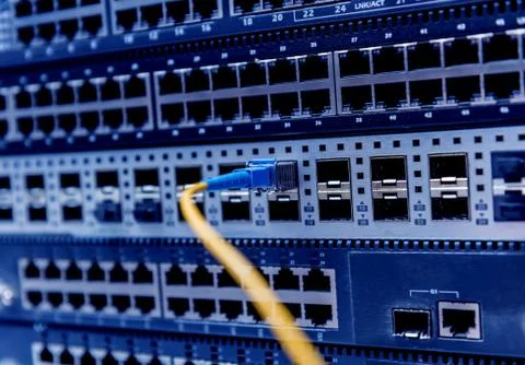 Server room with computers for internet. Network cables connected to switches. 스톡 사진