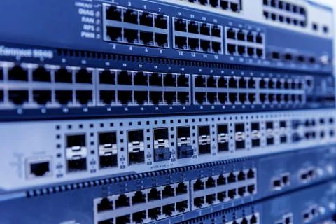 Server room with computers for internet. Network cables connected to switches. 스톡 사진