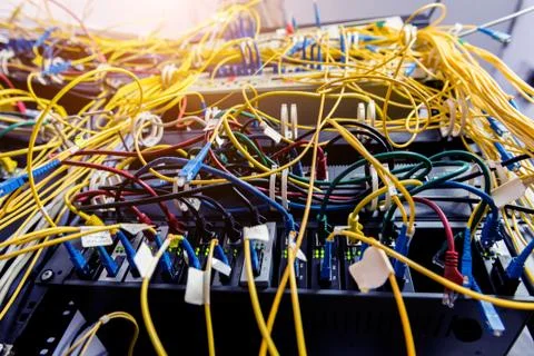 Server room with computers for internet. Network cables connected to switches. Foto stock