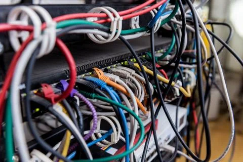 Server room with computers for internet. Network cables connected to switches. 스톡 사진