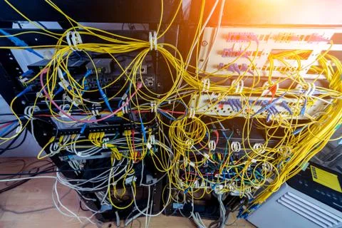 Server room with computers for internet. Network cables connected to switches. 스톡 사진