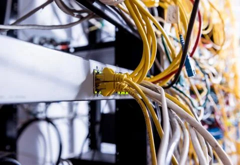 Server room with computers for internet. Network cables connected to switches. 스톡 사진