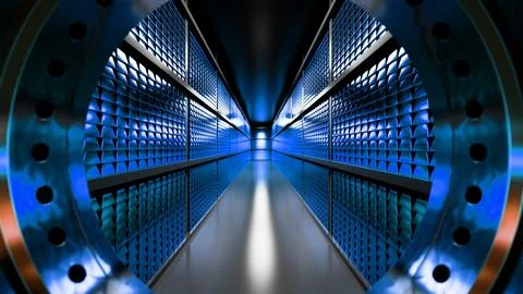 Server room corridor with blue lights reflecting on metallic walls Illustrazione stock
