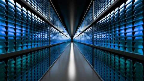 Server room corridor with blue lights creating perspective effect Illustrazione stock