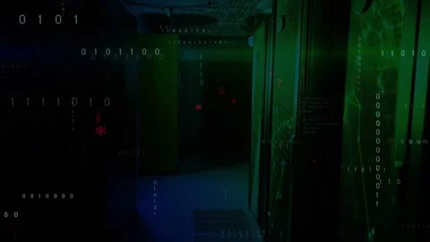 Server-room corridor filling with flowing code and binary appearing on network Stock Footage 331757736