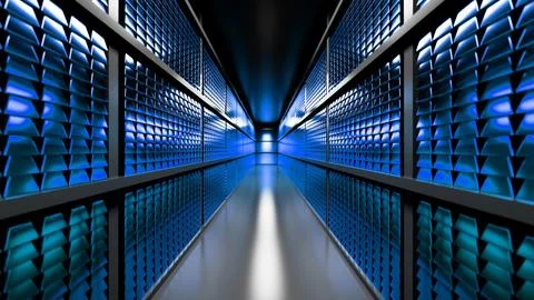 Server room corridor with glowing blue servers generating heat Illustrazione stock