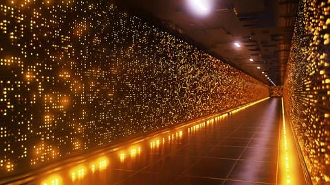 Server room corridor with glowing data flowing on walls Stock Photos