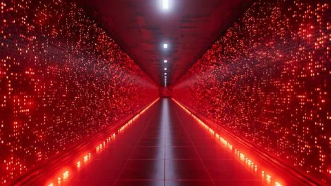 Server room corridor glowing red with data flowing on walls 스톡 사진