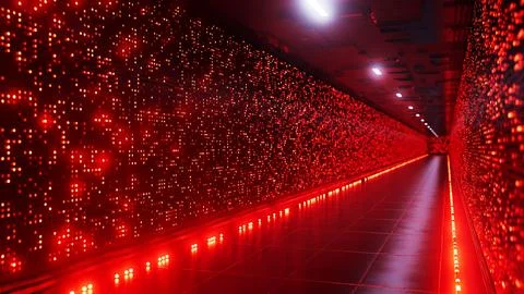 Server room corridor glowing red with data flowing representing cloud computi Stock Photos