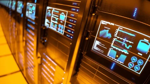Server room corridor illuminated by orange light. Endless looping animation. 4K Stock Footage 119989640