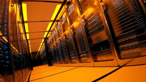 Server room corridor illuminated by orange light. Endless looping animation. 4K Stock Footage 119990091