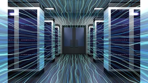 Server Room Corridor with Tiny Flowing Data Streams 库存影片 329284014